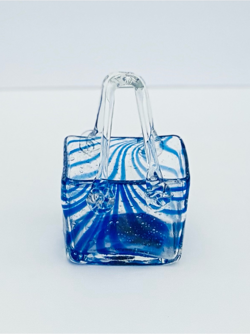 Blue And White Swirled Art Glass Handbag Vase Clear Glass Handles